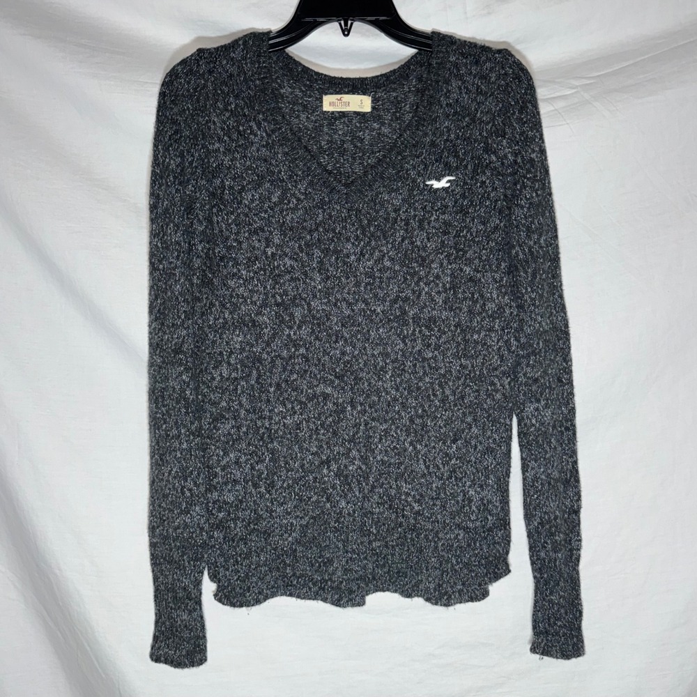 Hollister Womens V-Neck Marled Knit Sweater Charcoal Gray Small Minimalist